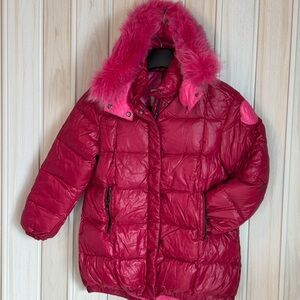 Moncler Kids Fuchsia Puffer Jacket with Faux Fur Trim